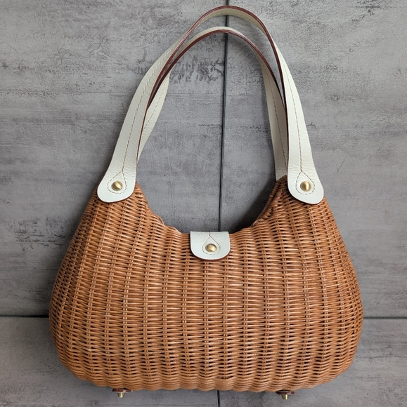 Savoy Anthropologie Woven Tan and White Woven Wicker Picnic Purse Handbag - Picture 3 of 15